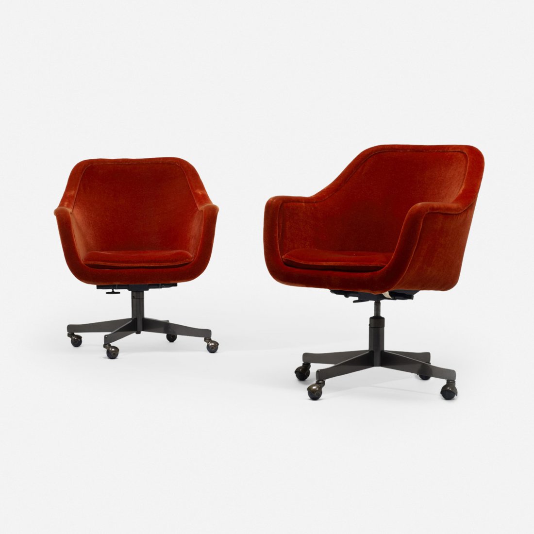 Ward Bennett office chairs, pair: Ward Bennett office chairs, pair Brickel Associates USA, c. 1965 velvet, nickel-plated steel, rubber 27.5 w x 28 d x 33.5 h inches Signed with paper manufacturer's label to underside of each example: