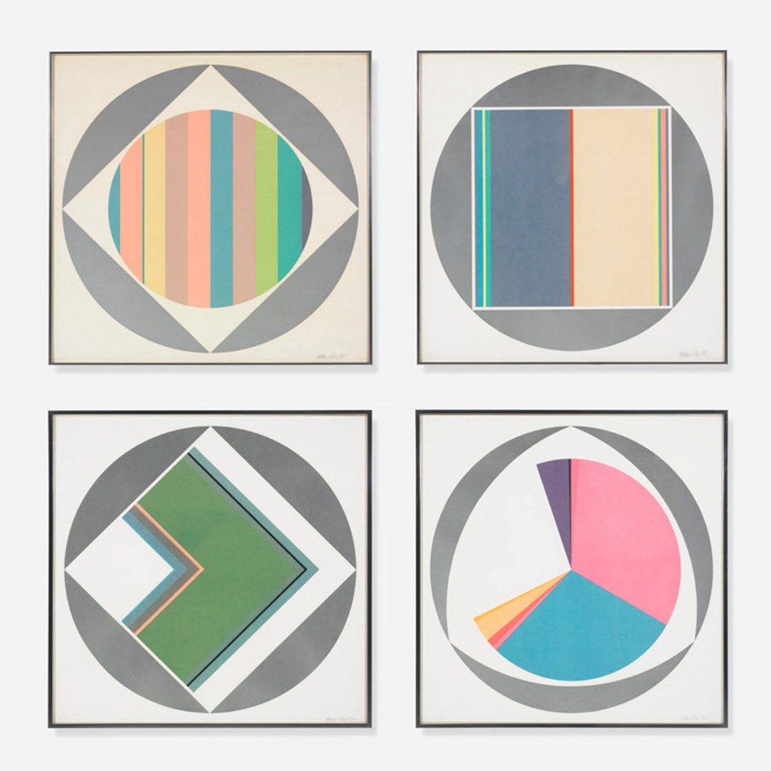 Fletcher Benton untitled (suite of four prints): Fletcher Benton untitled (suite of four prints) USA, 1972 screenprints on paper 28.5 h x 28.5 w inches Signed, dated and numbered to lower margin of each work 'Fletcher Benton 1972'. Three works are n