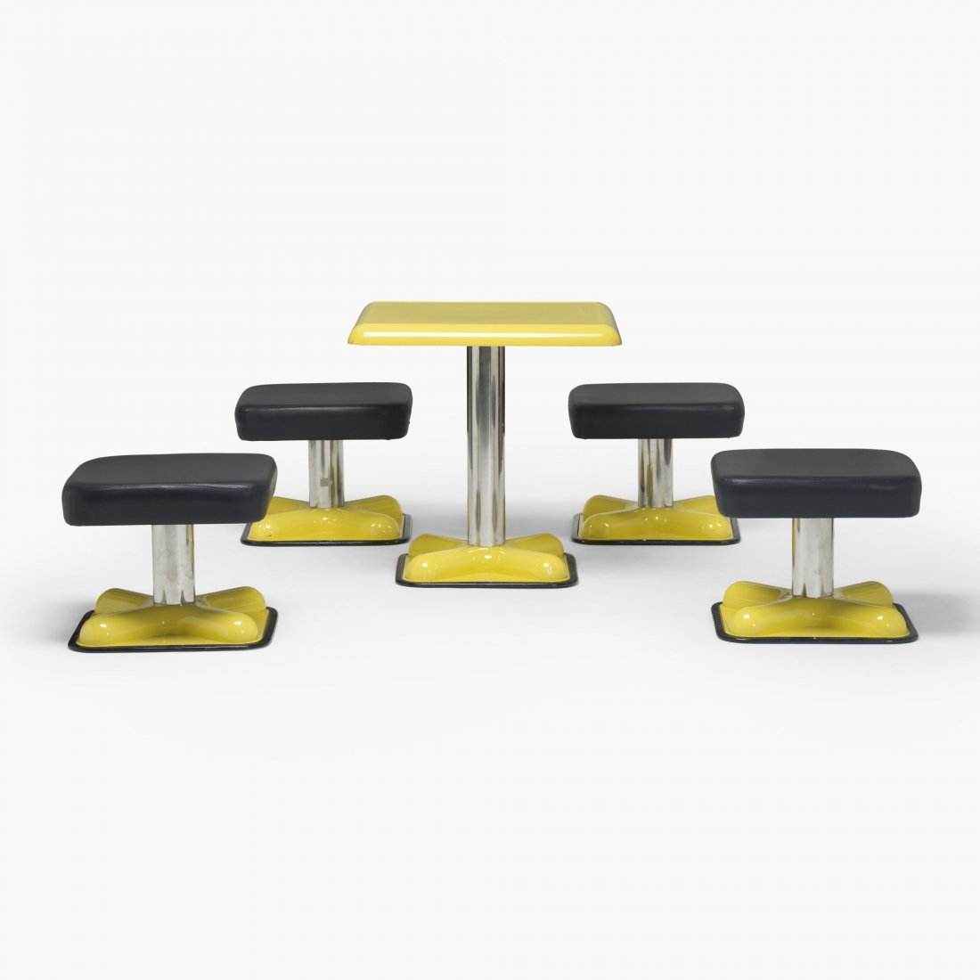 Joe Colombo Birillo dining set: Joe Colombo Birillo dining set Zanotta Italy, 1970 lacquered plastic, stainless steel, vinyl, rubber 26.75 w x 26.75 d x 26.75 h inches Set includes four Birillo stools and one Bistro table; stools me