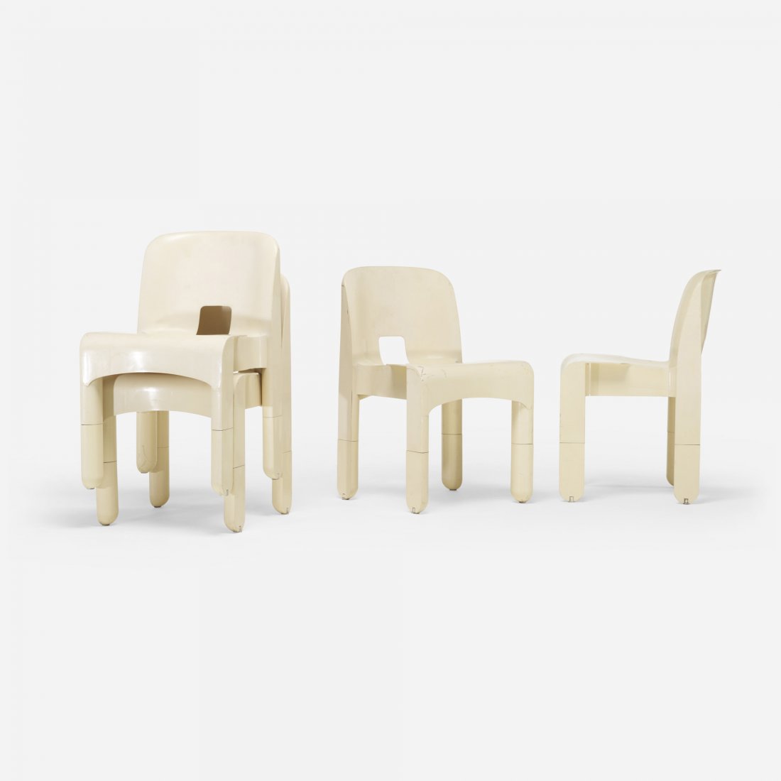 Joe Colombo Universale chairs, set of four: Joe Colombo Universale chairs, set of four Kartell Italy, 1965 plastic, rubber 17 w x 19.75 d x 28.25 h inches Signed with molded manufacturer's mark to underside: [Kartell Binasco (Milano) 860 e 861