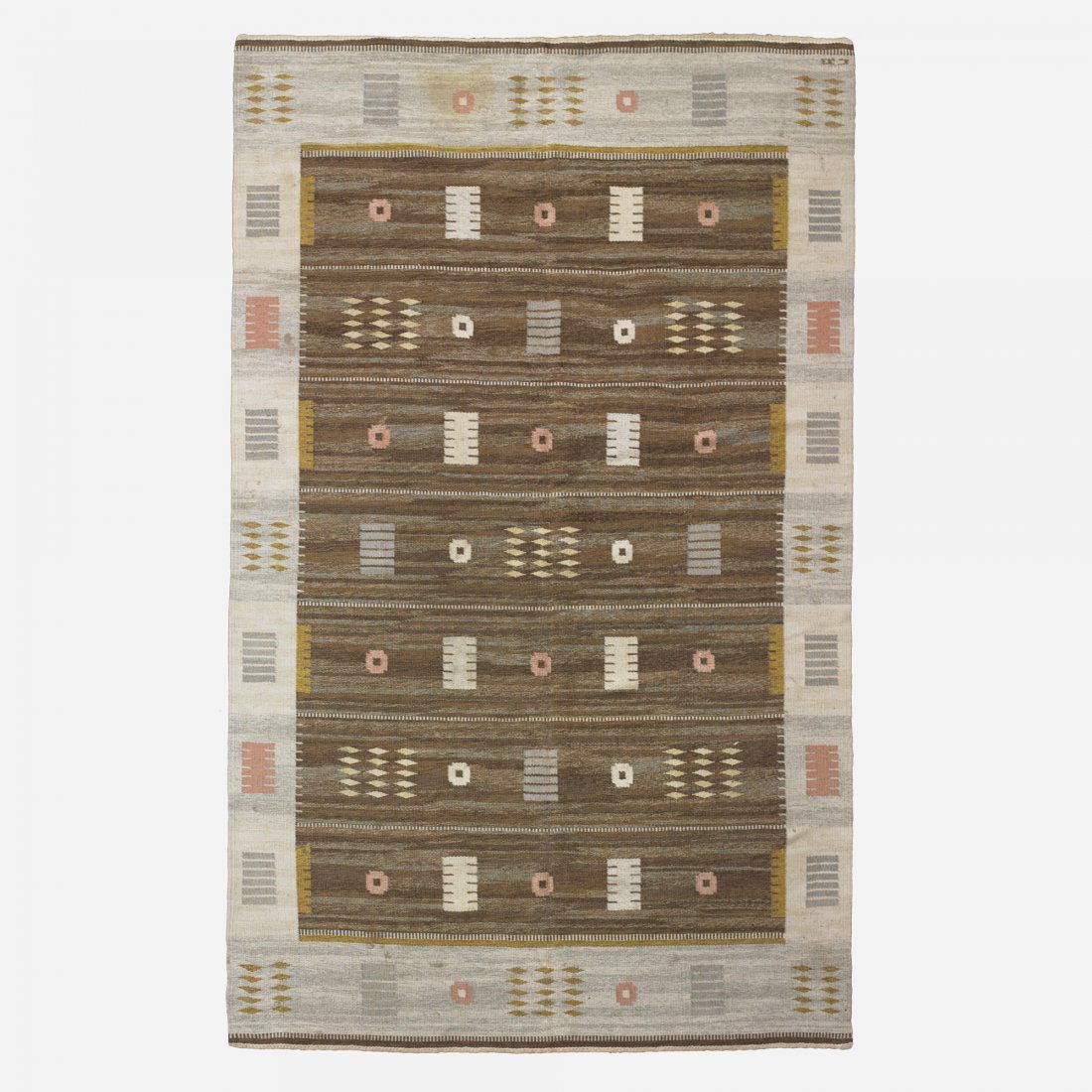 Carl Dagel carpet: Carl Dagel carpet Sweden, c. 1965 hand-woven wool 77.5 w x 125 l inches Woven signature to edge: [CD].