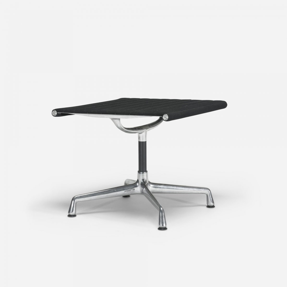 Charles and Ray Eames Aluminum Group ottoman: Charles and Ray Eames Aluminum Group ottoman Herman Miller USA, 1958 cast aluminum, upholstery, enameled steel, plastic 21.5 w x 21 d x 18 h inches Signed with cast manufacturer's mark to underside of