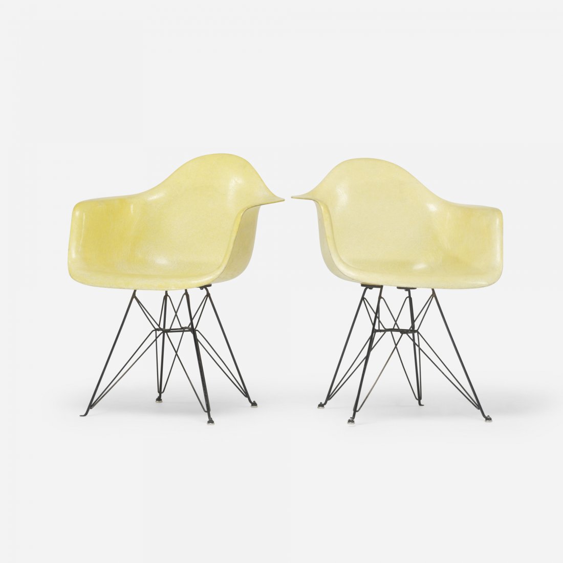 Charles and Ray Eames DARs, pair: Charles and Ray Eames DARs, pair Herman Miller/Zenith Plastics USA, 1951 molded fiberglass with rope edge, enameled steel, rubber 24.5 w x 23 d x 31 h inches Signed with decal manufacturer's label to