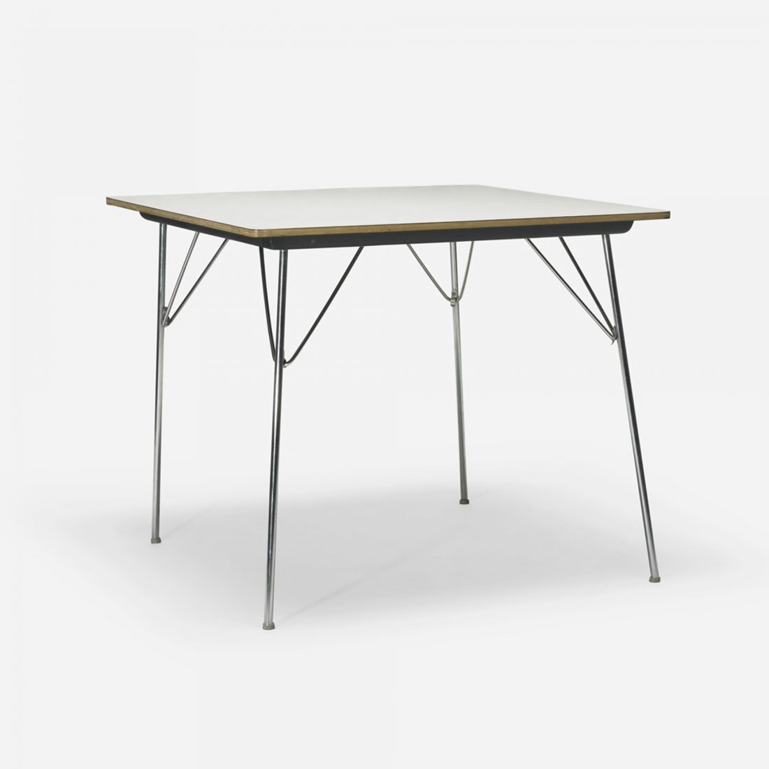 Charles and Ray Eames DTM-1: Charles and Ray Eames DTM-1 Herman Miller USA, 1947 laminate over plywood, chrome-plated steel, rubber 34 w x 34 d x 28.5 h inches Signed with applied disc manufacturer's mark to underside: [Designed 