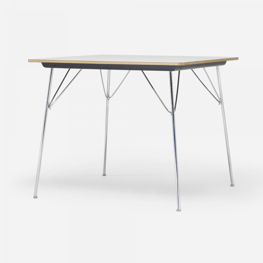 Charles and Ray Eames DTM-1: Charles and Ray Eames DTM-1 Herman Miller USA, 1947 laminate over plywood, chrome-plated steel, rubber 34 w x 34 d x 28.5 h inches Signed with applied disc manufacturer's label to underside: [Designed