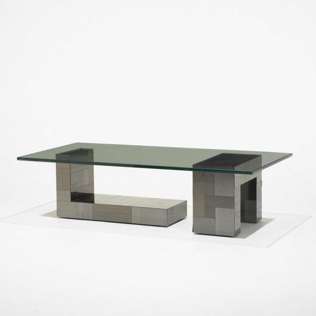 Paul Evans Cityscape coffee table: Paul Evans Cityscape coffee table Paul Evans Studio for Directional USA, c. 1970 enameled and bronze-plated steel, glass 59.75 w x 29.75 d x 16 h inches Incised signature to base: [Paul Evans].
