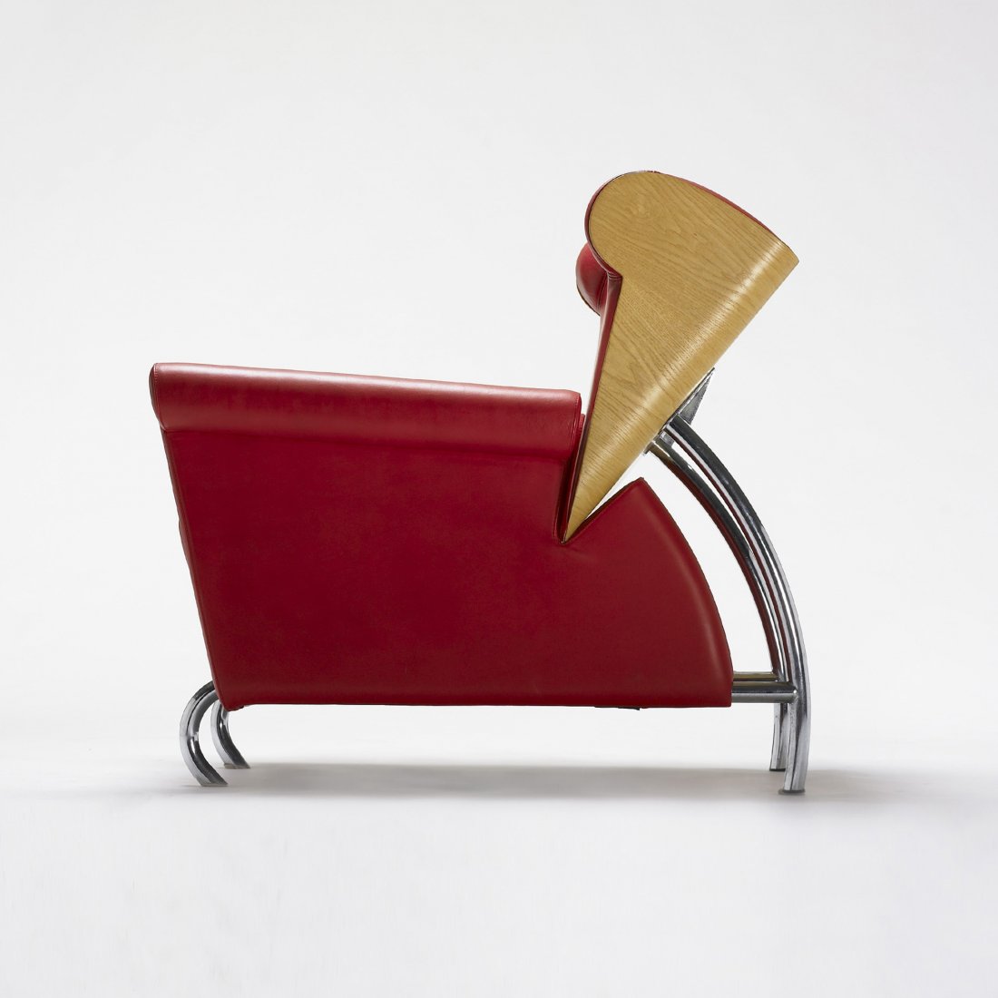 Massimo Iosa Ghini Norma lounge chair: Massimo Iosa Ghini Norma lounge chair Moroso Italy, c. 1990 chrome-plated steel, leather, birch plywood 26.25 w x 37 d x 34 h inches Signed with applied manufacturer's label to frame: [Moroso].