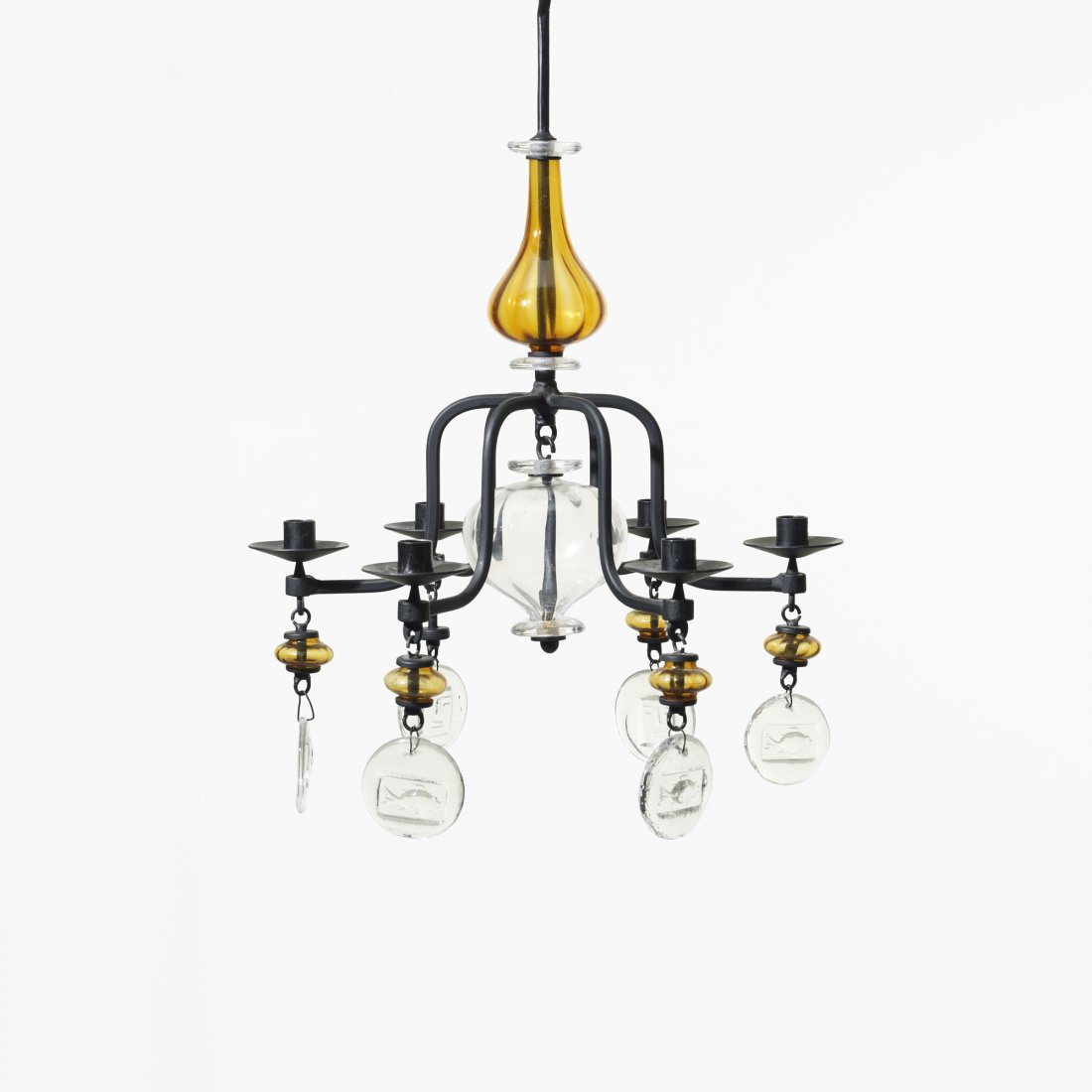 Erik Hoglund candelabrum: Erik Hoglund candelabrum Boda Nova Glassworks/Axel Stromberg Ironworks Sweden, c. 1975 wrought iron, glass 18.25 dia x 27 h inches