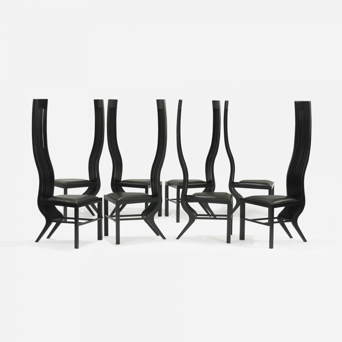 Arata Isozaki Monroe chairs, set of eight: Arata Isozaki Monroe chairs, set of eight ICF Japan, 1973/c. 1990 ebonized beech, leather 21 w x 21 d x 55 h inches Signed with applied manufacturer's label to underside of each example: [ICF]. Litera