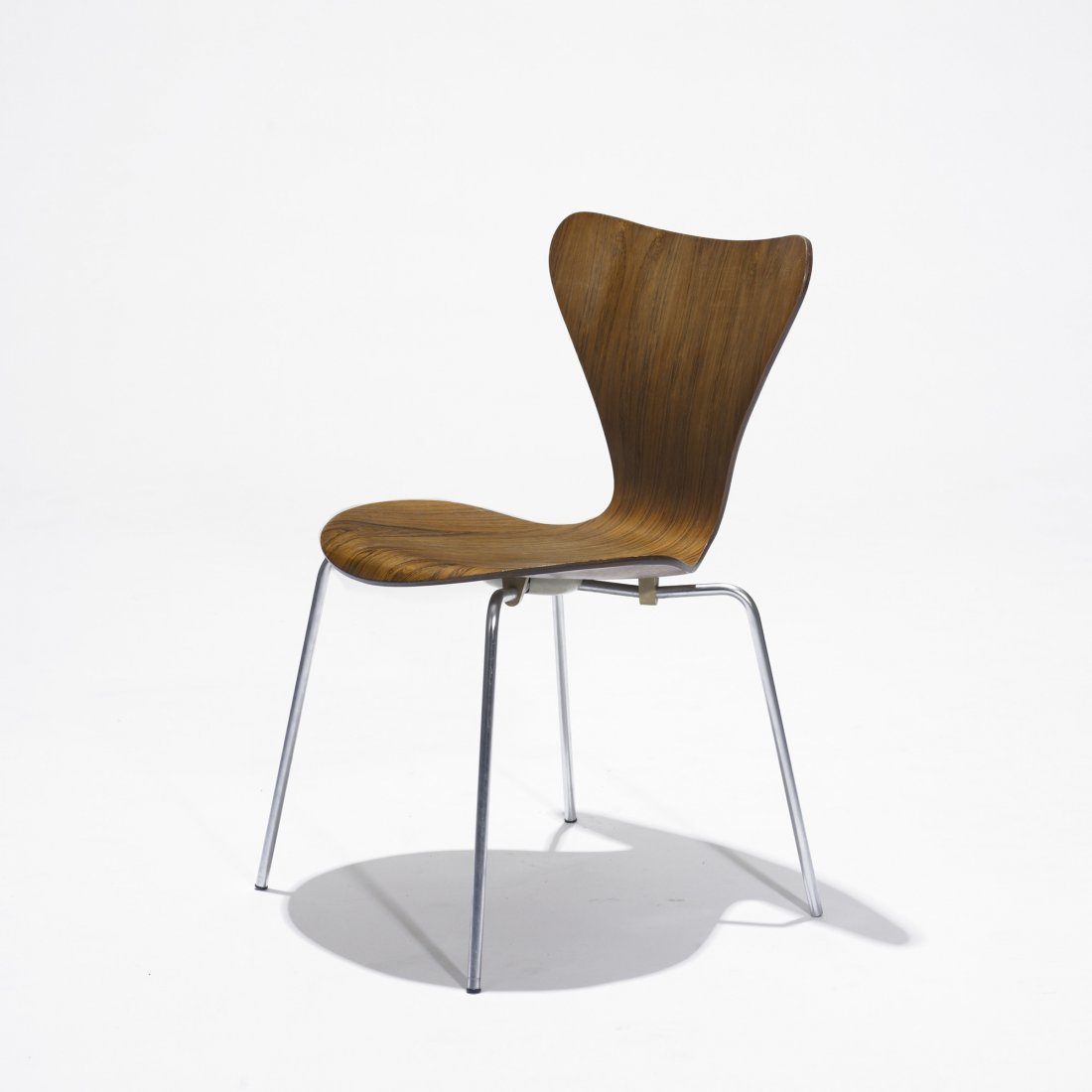 Arne Jacobsen Sevener chair, model 3107: Arne Jacobsen Sevener chair, model 3107 Fritz Hansen Denmark, 1955/1968 rosewood plywood, matte chrome-plated steel 19.5 w x 19 d x 30.25 h inches Signed with decal manufacturer's label to underside: