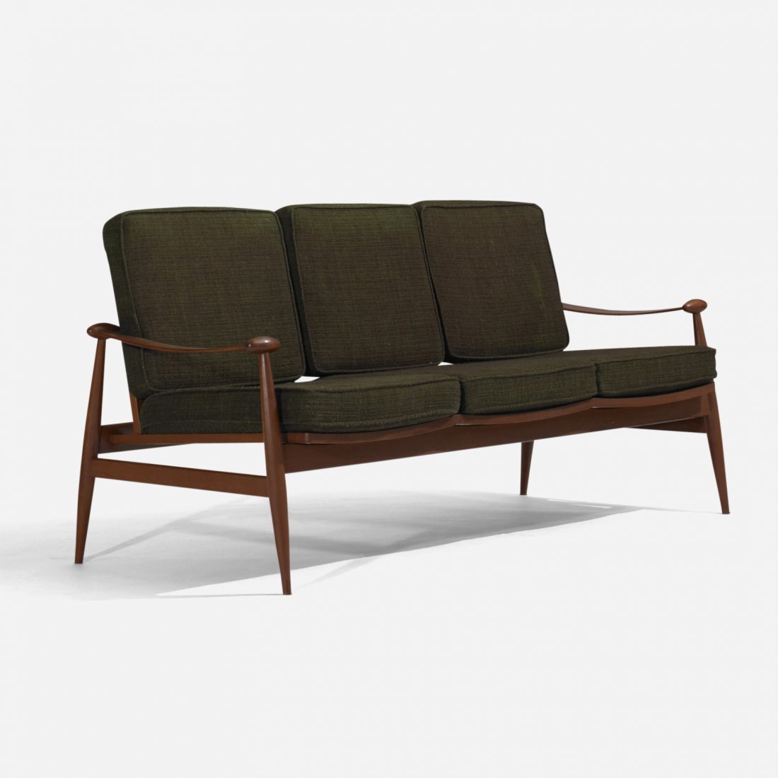 Finn Juhl sofa: Finn Juhl sofa Carl Hansen for France & Son Denmark, 1954 teak, upholstery 72.5 w x 31 d x 34 h inches Signed with applied disc manufacturer's label to frame: [FF Carl Hansen 5254125] Literature: Finn