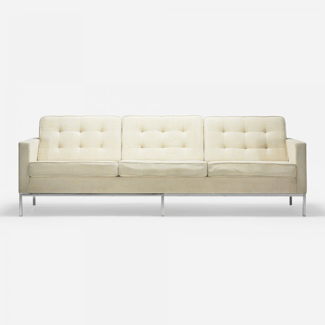 Florence Knoll sofa: Florence Knoll sofa Knoll Associates USA, c. 1955 upholstery, chrome-plated steel 90 w x 32 d x 31 h inches Signed with printed manufacturer's mark to decking: [Knoll].