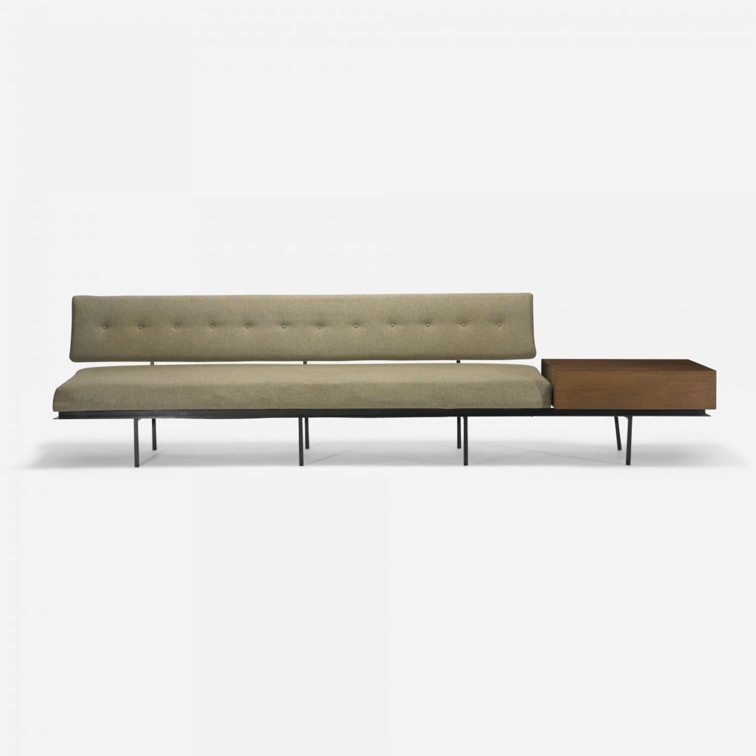 Florence Knoll sofa, model 576: Florence Knoll sofa, model 576 Knoll Associates USA, 1954 upholstery, enameled steel, walnut 121 w x 30 d x 30.5 h inches Signed with applied manufacturer's label to drawer: [Knoll Associates Inc,]. L