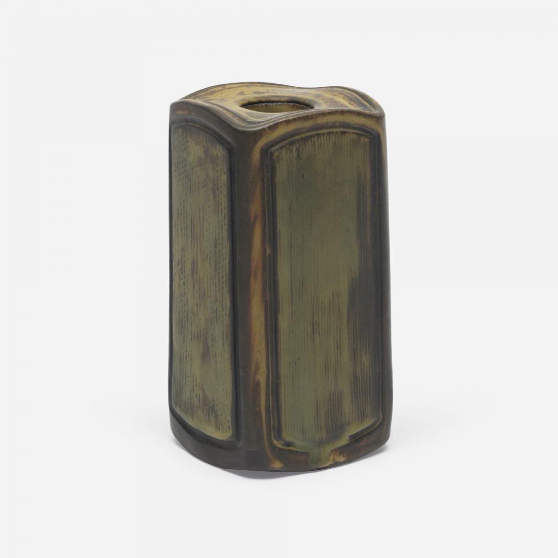 Wilhelm Kåge Farsta vase: Wilhelm Kåge Farsta vase Gustavsberg Sweden, 1959 glazed earthenware 3.75 w x 3.75 d x 7.25 h inches Incised signature and studio mark to underside: [Kage i.9 Farsta Gustavsberg Studio].