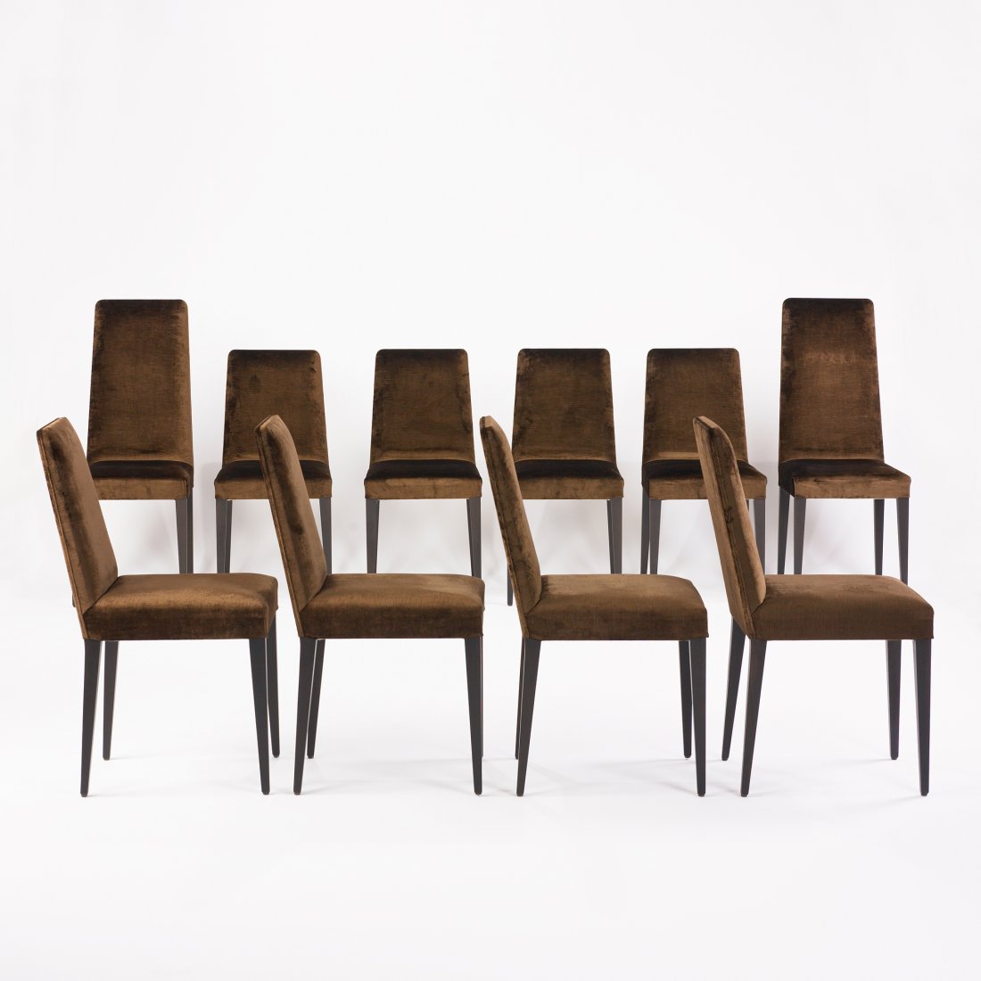 Roberto Lazzeroni dining chairs, set of ten: Roberto Lazzeroni dining chairs, set of ten Ceccotti Collezioni Italy, c. 2003 upholstery, stained oak 17 w x 22 d x 35.5 h inches
