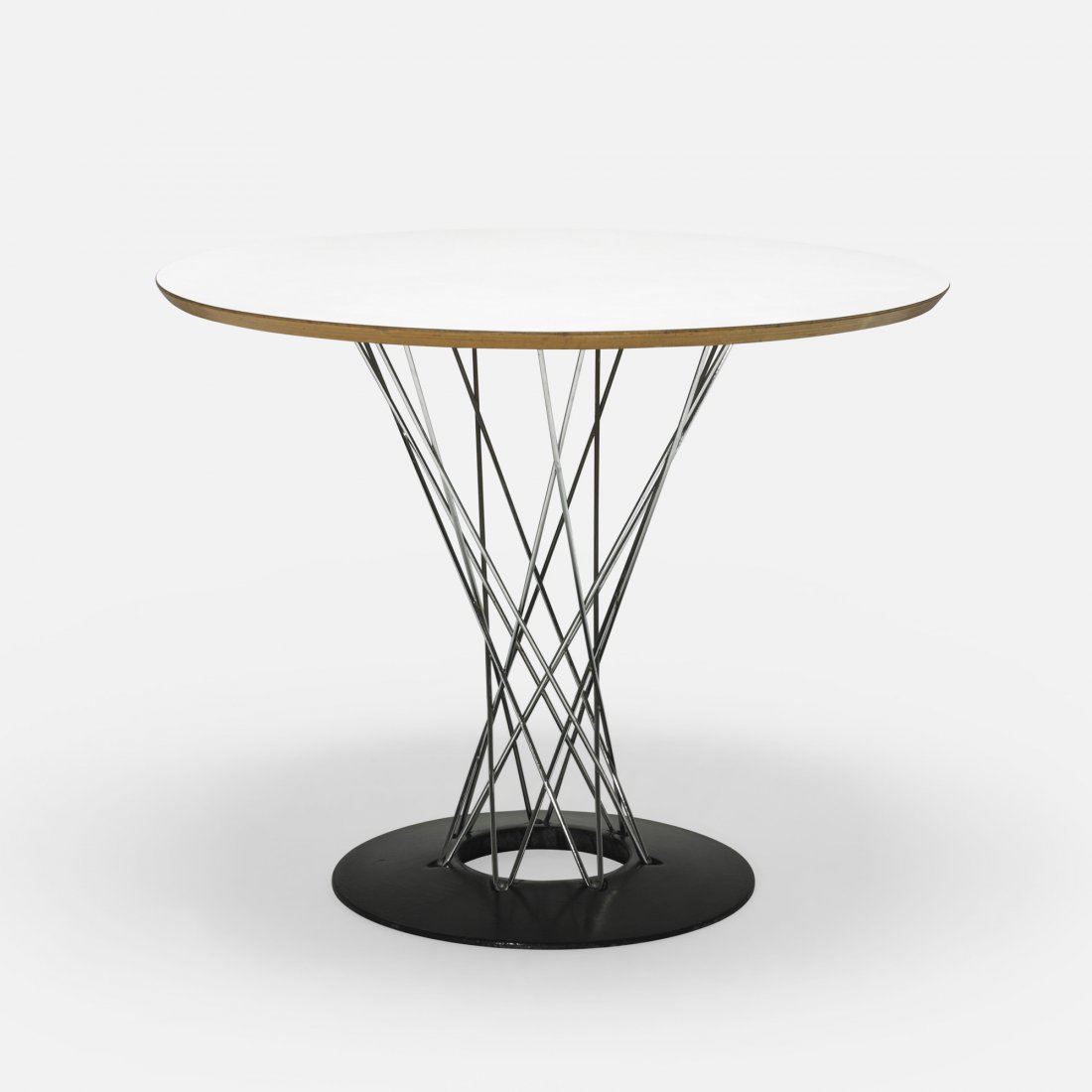 Isamu Noguchi dining table, model 311: Isamu Noguchi dining table, model 311 Knoll Associates USA, 1955 laminated plywood, chrome-plated steel, enameled steel 35.5 dia x 28.5 h inches Signed with decal manufactuer's label to underside: [Kn
