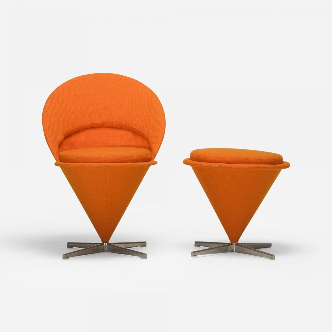 Verner Panton Cone chair and ottoman: Verner Panton Cone chair and ottoman Plus-Linje Denmark, 1958 enameled steel, upholstery, aluminum 23.5 w x 25 d x 32.5 h inches Signed with applied manufacturer's label to underside: [+ Plus Linje De