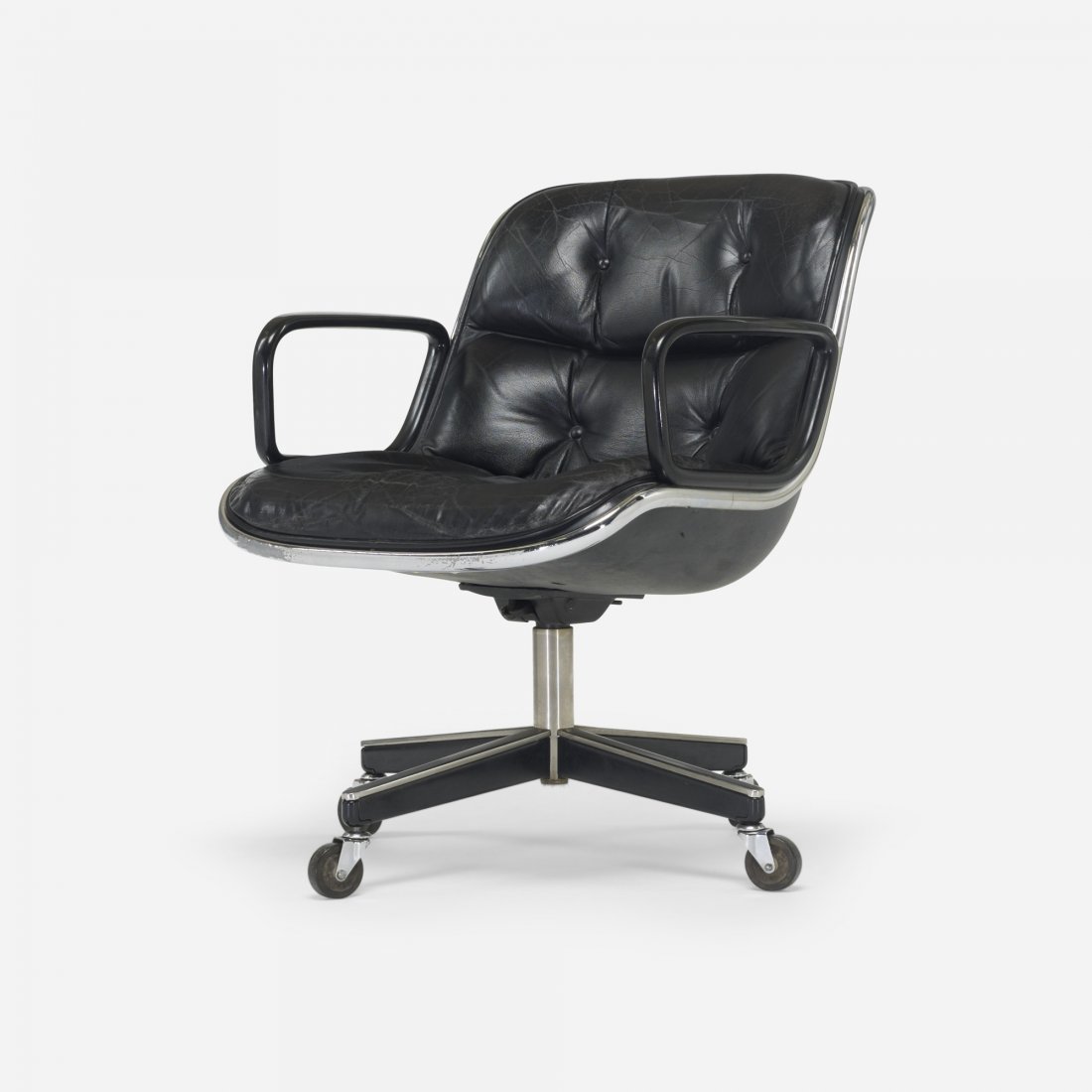 Charles Pollock office armchair: Charles Pollock office armchair Knoll International USA, 1964 leather, polypropylene, aluminum, chrome-plated aluminum, rubber 26 w x 29 d x 31 h inches Signed with applied distributor's label to unde