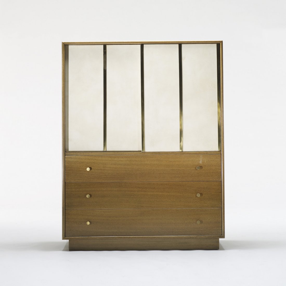 Harvey Probber cabinet: Harvey Probber cabinet Harvey Probber Inc. USA, c. 1955 bleached mahogany, vinyl, brass 42 w x 19 d x 54.5 h inches Cabinet features three drawers below two sliding doors concealing storage and eight 