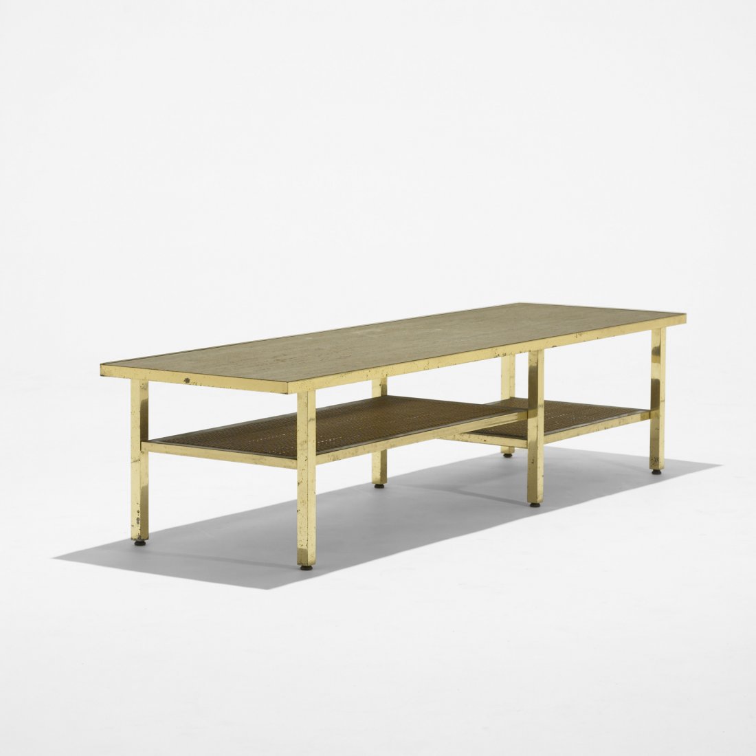 Harvey Probber coffee table: Harvey Probber coffee table Harvey Probber Inc. USA, c. 1960 travertine, brass, cane, lacquered wood 60 w x 18 d x 14.5 h inches