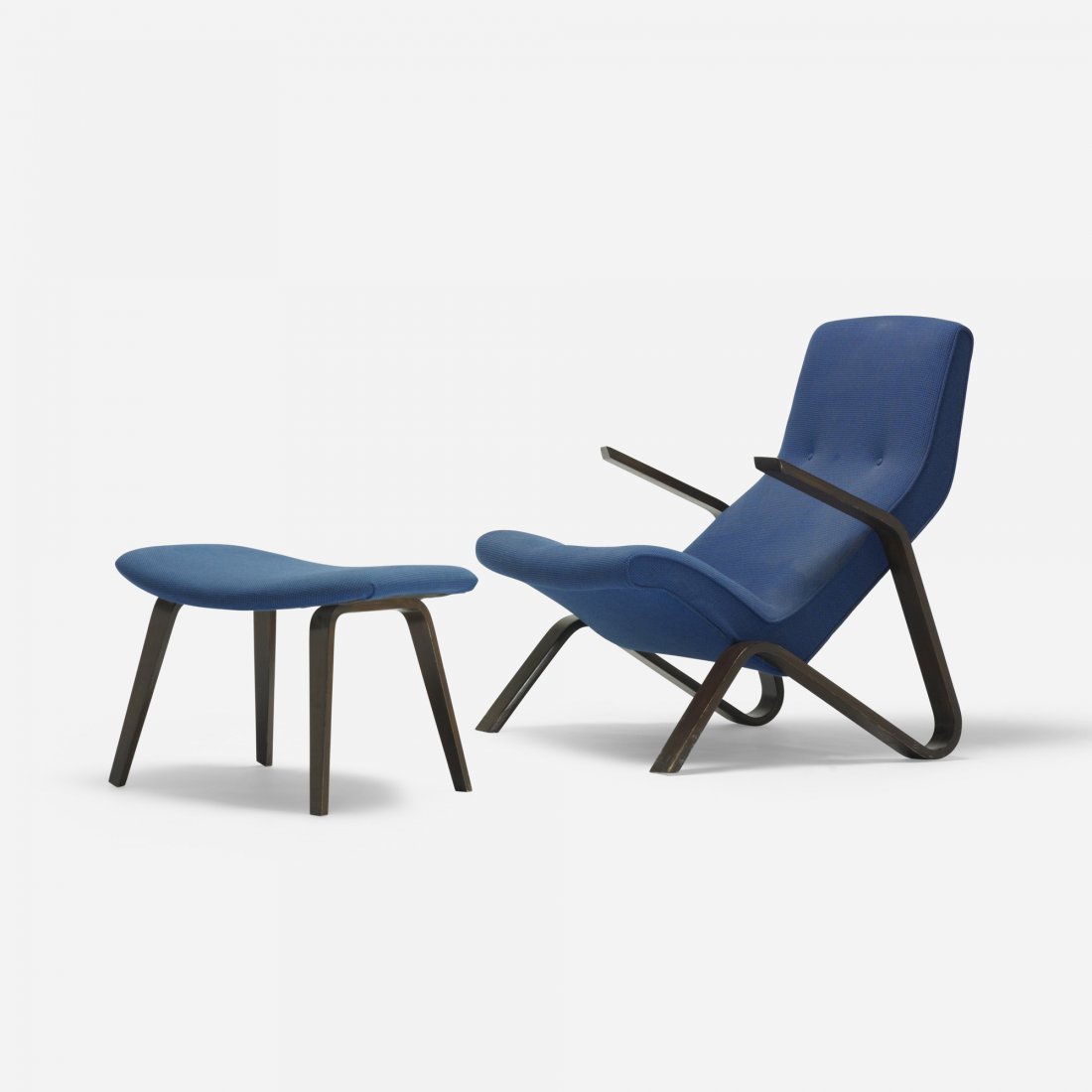 Eero Saarinen Grasshopper chair and ottoman: Eero Saarinen Grasshopper chair and ottoman Knoll Associates USA, 1946 upholstery, laminated walnut 29.5 w x 35 d x 35 h inches Ottoman measures: 23.5 w x 18 d x 16 h inches. Literature: Knoll Furnitu
