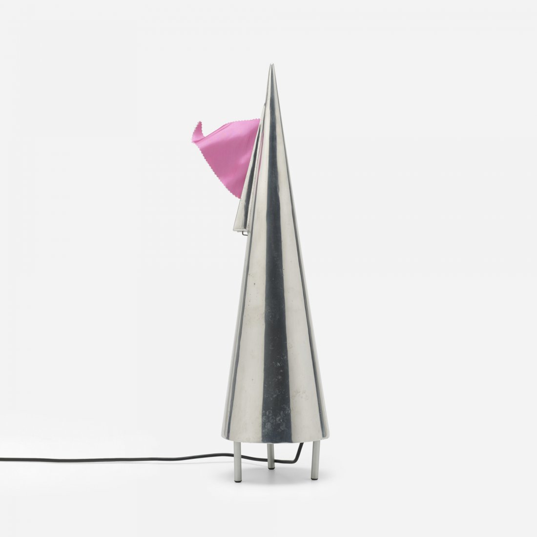Denis Santachiara Maestrale table lamp: Denis Santachiara Maestrale table lamp Domodinamica Italy, 1981 aluminum, nylon 7 dia x 27 h inches This table lamp features an internal fan that makes the flag wave. Signed with decal manufacturer's