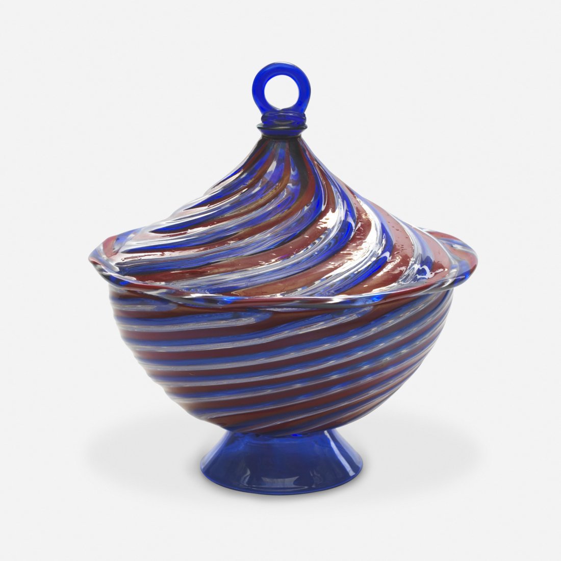 Carlo Scarpa lidded bowl: Carlo Scarpa lidded bowl M.V.M. Cappellin Italy, c. 1930 glass 9 dia x 8.75 h inches Signed with three-line acid stamp: [MVM Cappellin Murano]. Provenance: Collection of Franco Deboni, Italy | Christi