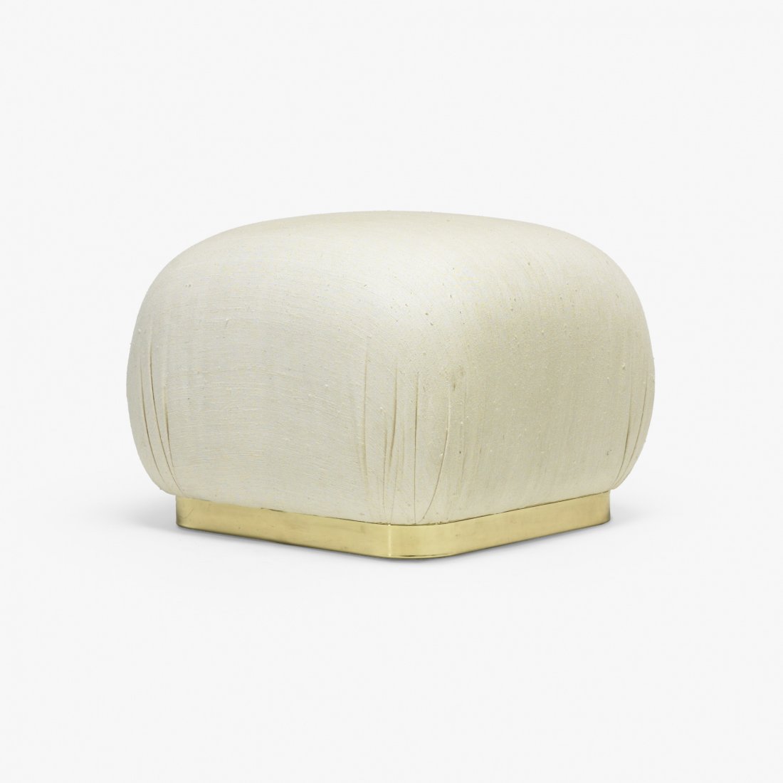 In the manner of Karl Springer ottoman: In the manner of Karl Springer ottoman USA, c. 1980 upholstery, brass-plated steel 24 w x 24 d x 18.25 h inches