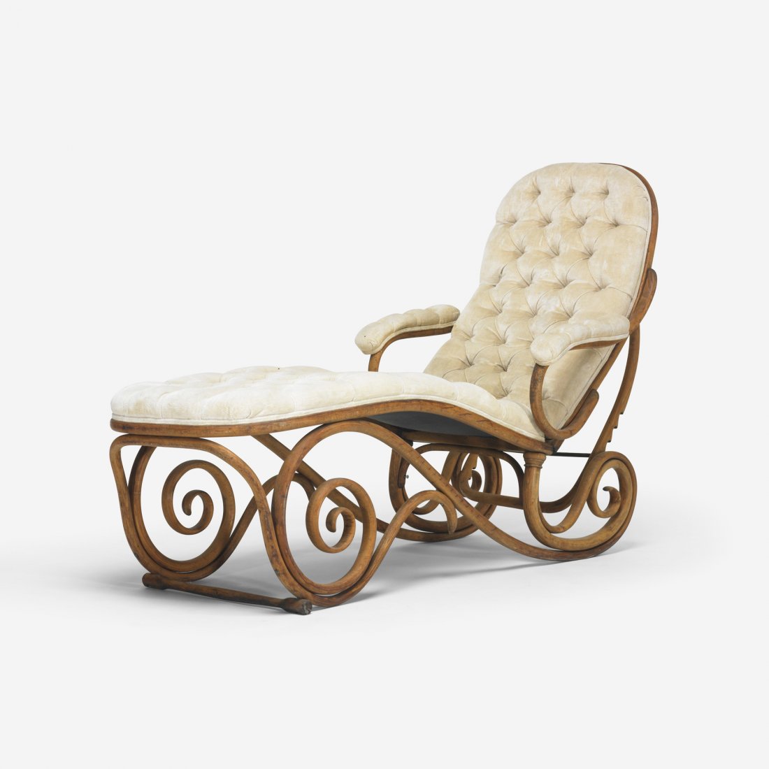 Michel Thonet chaise lounge: Michel Thonet chaise lounge Germany, 1888/c. 1960 beech, upholstery, iron 27 w x 73 d x 31.5 h inches Signed with branded manufacturer's mark to reverse: [Thonet]. Literature: Casa Thonet: Storia dei