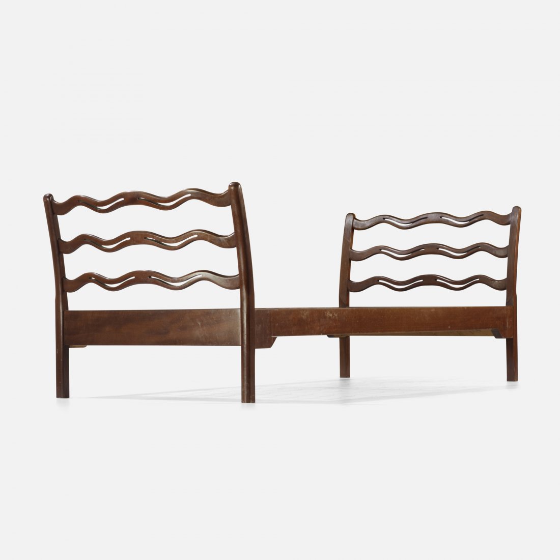 Ole Wanscher bed: Ole Wanscher bed Fritz Hansen Denmark, c. 1945 stained beech 81.25 w x 35.5 d x 29.75 h inches Signed with paper manufacturer's label to underside: [107847 1754 Antal 2 Or. 8627]. Signed with stamped