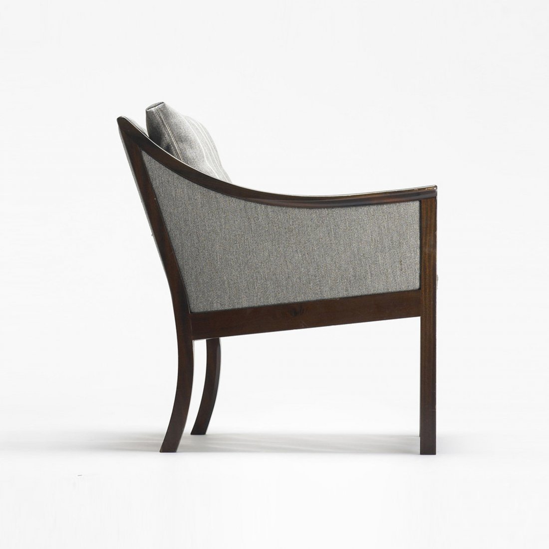 Ole Wanscher lounge chair: Ole Wanscher lounge chair Poul Jeppesen Denmark, c. 1960 lacquered mahogany, upholstery 26 w x 28 d x 29.5 h inches Signed with disc manufacturer's label to underside: [Made in Denmark Design Ole Wans