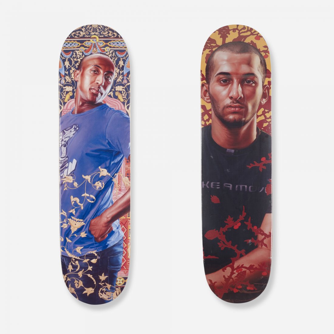 Kehinde Wiley skateboard decks: Kehinde Wiley Alios Itzhak and Mahmud Abu Razak skateboard decks USA, 2012 transfer-printed plywood 8 w x 2.25 d x 32 h inches