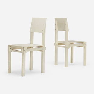 Gerrit Rietveld, Military chairs, pair: Gerrit Rietveld Military chairs, pair The Netherlands, 1923 / c. 1950painted wood 35 h x 16 w x 20 d in (89 x 41 x 51 cm) Rietveld originally designed the Military chair for a commission from