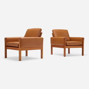 Hans J. Wegner, Lounge chairs model AP62, pair: Hans J. Wegner Lounge chairs model AP62, pair A.P. StolenDenmark, c. 1960teak, leather, brass 30.75 h x 31 w x 30 d in (78 x 79 x 76 cm) Provenance: Morentz, the Netherl