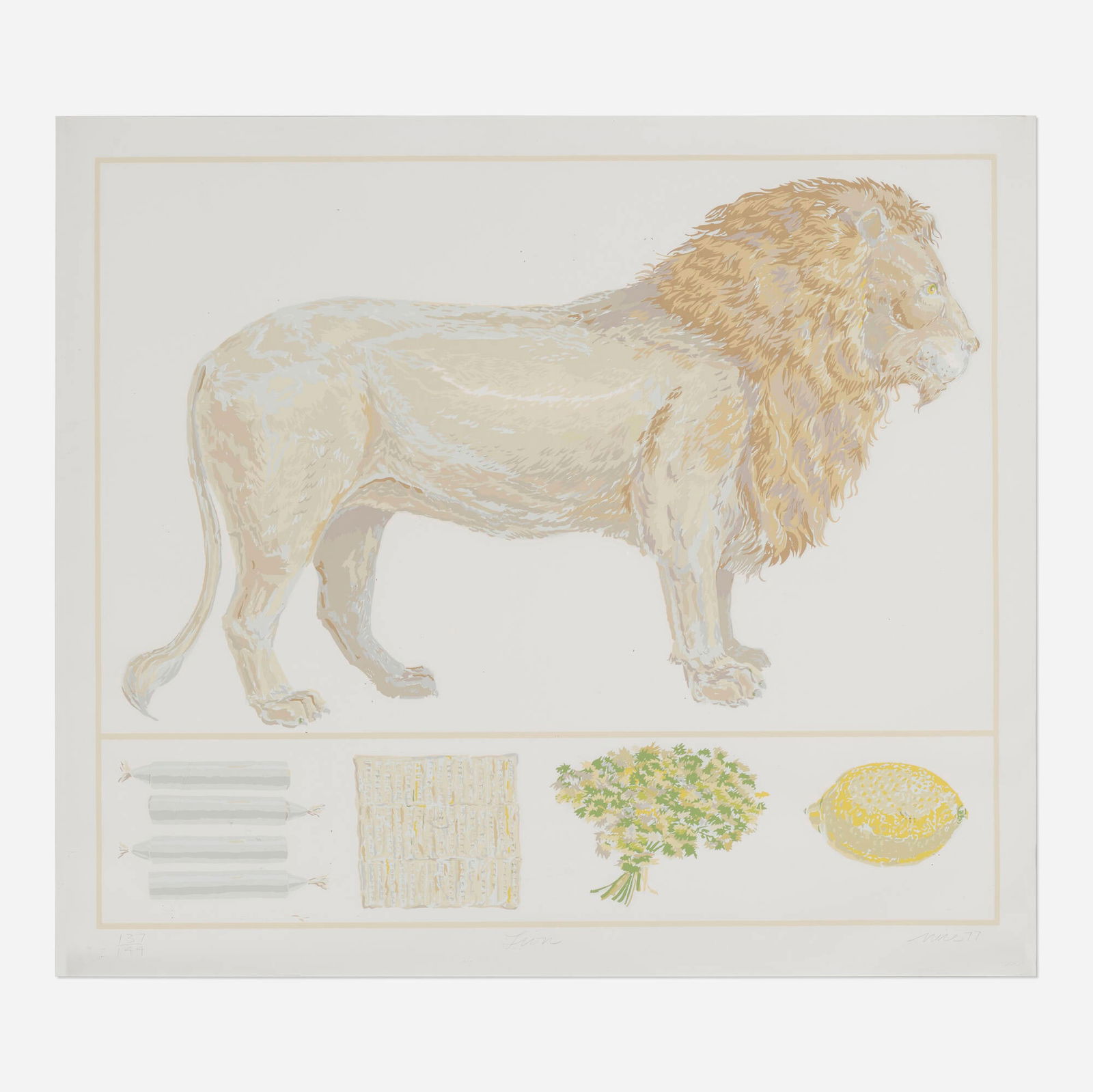 Don Nice, Lion: Don Nice Lion 1977lithograph in colors sight: 38.125 h x 43.125 w in (97 x 110 cm) Signed, titled, dated and numbered to lower edge '137/144 Lion Nice 77'. This work is number 137 from the edi