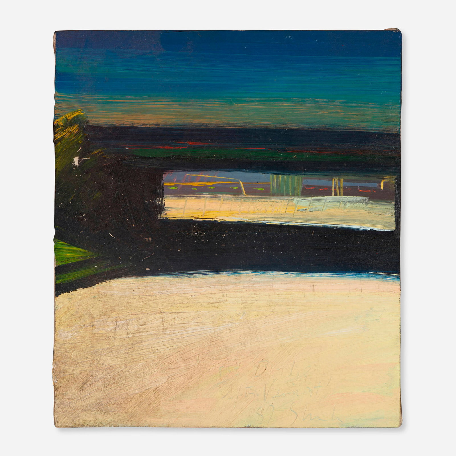 Richard Sheehan, First Bridge (After Vermont): Richard Sheehan First Bridge (After Vermont) 1987 oil on canvas 16.125 h x 14 w in (41 x 36 cm) Signed, titled and dated to lower edge 'First Bridge After Vermont Sheehan 87'. Pr