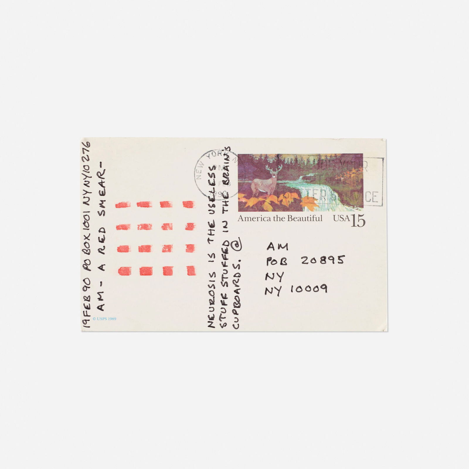 Carl Andre, Postcard: Carl Andre Postcard 1991postcard, ink 3.5 h x 5.5 w in (9 x 14 cm) Postcard features a 4 x 4 grid of red squares by the artist and writing in the style of his poetry. Signed to center 'CA' and