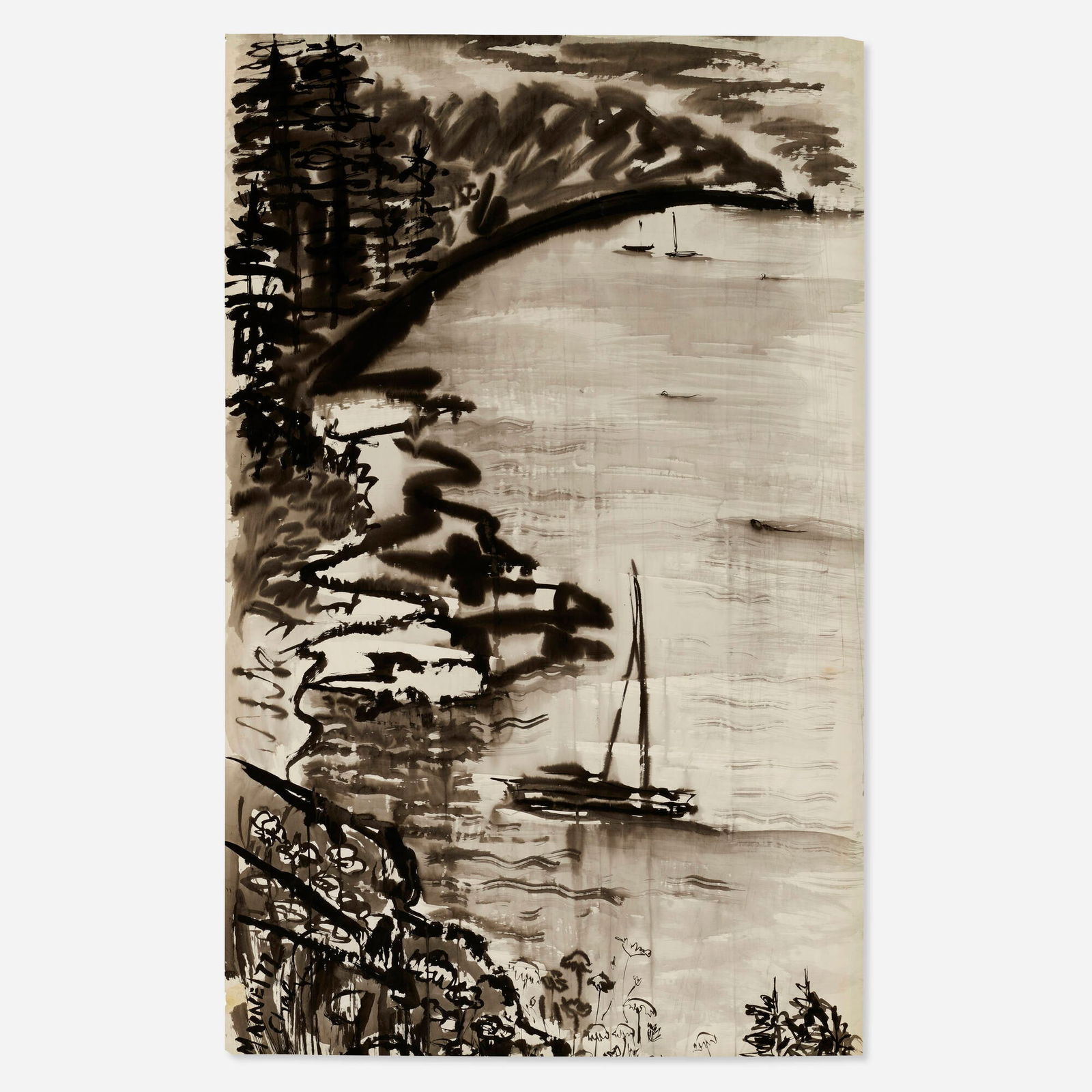 Charlotte Howard, Mountain Lake with Sailboat: Charlotte Howard Mountain Lake with Sailboat 1977watercolor on paper 58 h x 36 w in (147 x 91 cm) Signed, dated and inscribed to lower left 'Maine 77 C Howard'. This work w