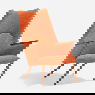 Hans J. Wegner, Lounge chair, model AP 27: Hans J. Wegner Lounge chair, model AP 27 A.P. StolenDenmark, c. 1954upholstery, oak 40.5 h x 28.76 w x 30 d in (103 x 73 x 76 cm) Literature: Hans J. Wegner's 100 Cha