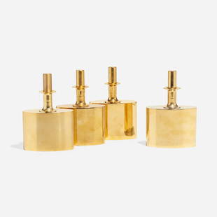 Pierre Forsell, Decanters, set of four: Pierre Forsell Decanters, set of four SkultunaSweden, c. 196524K gold-plated brass 7 h x 4.5 w x 2.25 d in (18 x 11 x 6 cm) Impressed manufacturer's mark to underside of each example 'Sk