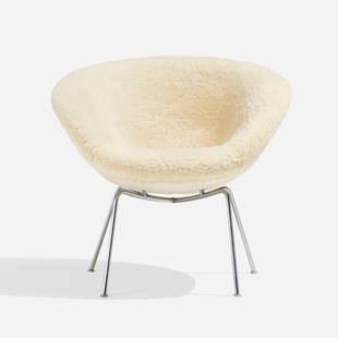 Arne Jacobsen, Pot chair: Arne Jacobsen Pot chair Fritz HansenDenmark, 1959 / c. 1975sheepskin, matte chrome-plated steel 27.5 h x 30 w x 26 d in (70 x 76 x 66 cm) Literature: Arne Jacobsen