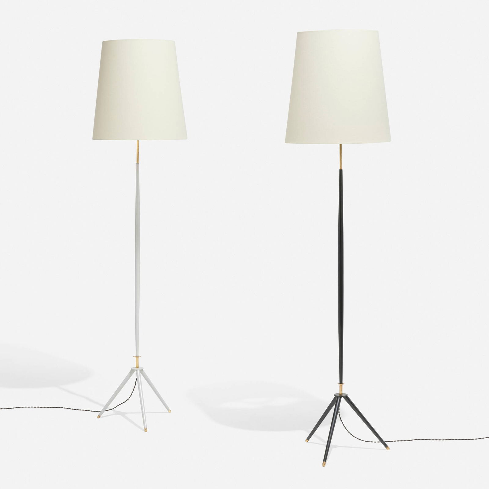 Svend Aage Holm-Sorensen, Floor lamps, pair: Svend Aage Holm-Sorensen Floor lamps, pair Holm Sorensen & Co.Denmark, c. 1950lacquered steel, brass, linen shades 63.25 h x 15.75 dia in (161 x 40 cm) This work will ship f
