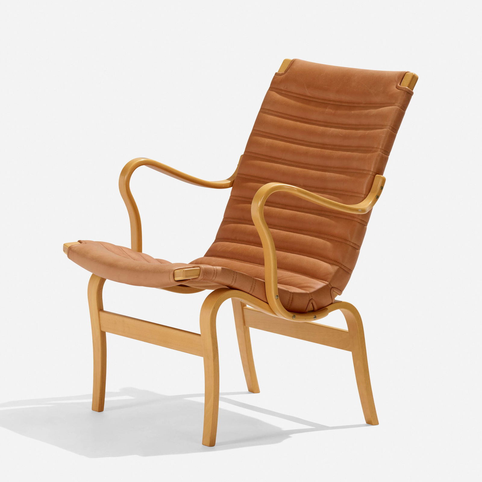 Bruno Mathsson, Eva chair: Bruno Mathsson Eva chair DUXSweden, 1941 / c. 1960leather, beech 33 h x 23.5 w x 27.5 d in (84 x 60 x 70 cm) Impressed manufacturer's mark to rear stretcher 'Bruno Mathsson by DUX'. <