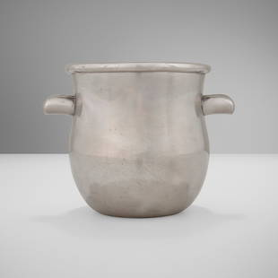 Hermes, Ice bucket: Hermes Ice bucket France, c. 1970silvered metal 6 h x 8 w x 6.5 d in (15 x 20 x 17 cm) Impressed manufacturer's mark to underside 'Hermes Made in France Etain'. This work w