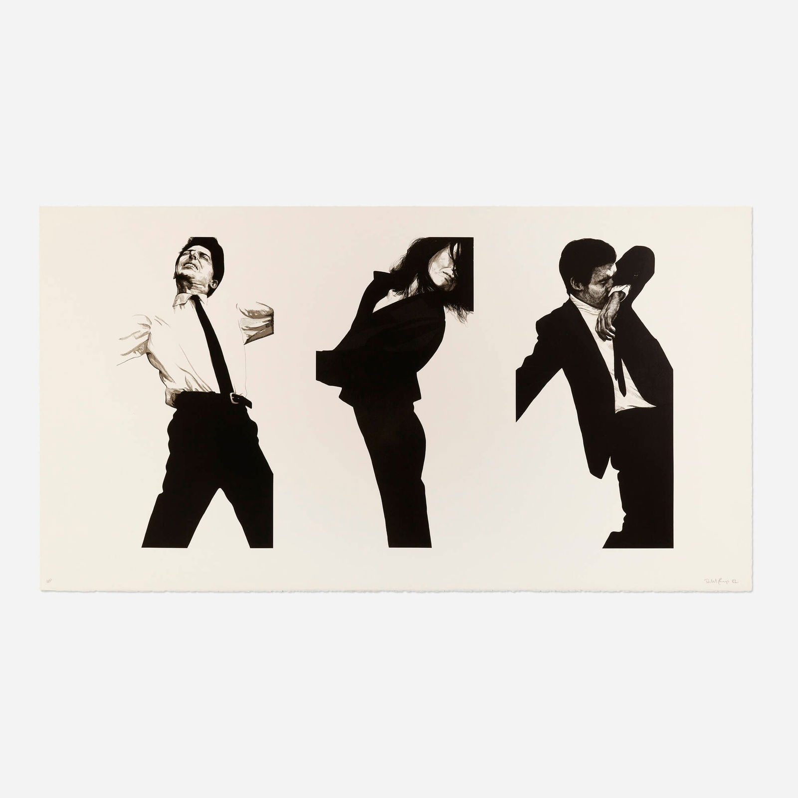 Longo, Jules, Gretchen, Mark, Men in the Cities: Robert Longo Jules, Gretchen, Mark (State II) (from the Men in the Cities series) 1982lithograph with embossing on Arches sheet: 37 h x 68 w in (94 x 173 cm) Signed, dated and numbered to lowe