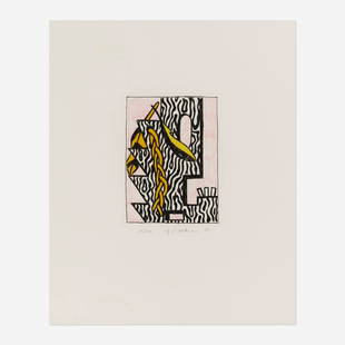 Roy Lichtenstein, Head with Feathers and Braid: Roy Lichtenstein Head with Feathers and Braid 1980 etching and aquatint in colors image: 10.125 h x 7.75 w in (26 x 20 cm) sight: 23.5 h x 19.25 w in (60 x 49 cm) Signed, dated and numbered to