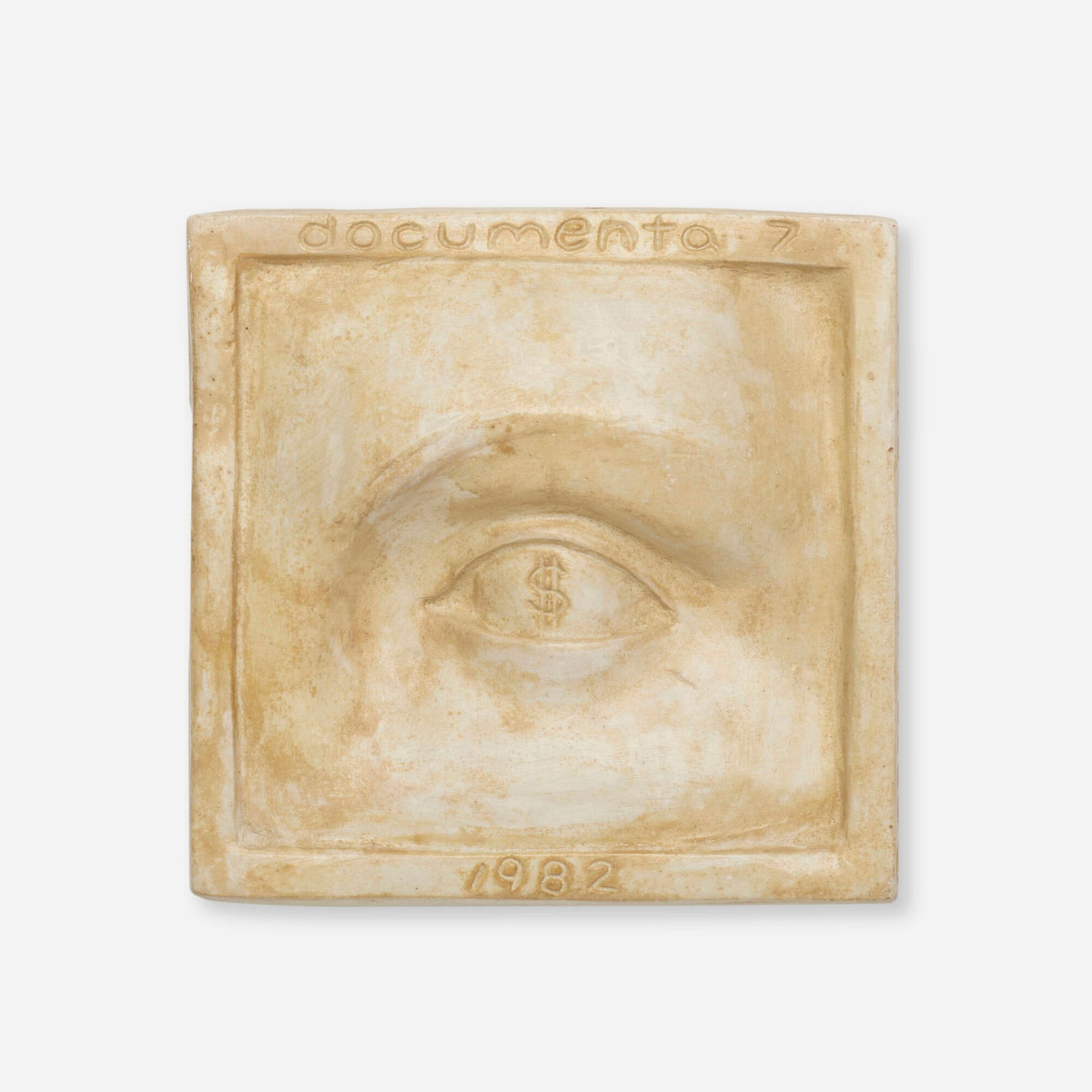 Tom Otterness, Documenta 7 plaque: Tom Otterness Documenta 7 plaque 1982cast plaster 4 h x 4.25 w x 1 d in (10 x 11 x 3 cm) Incised signature, title and date 'Tom Otterness Objects 1982 Documenta'. This work