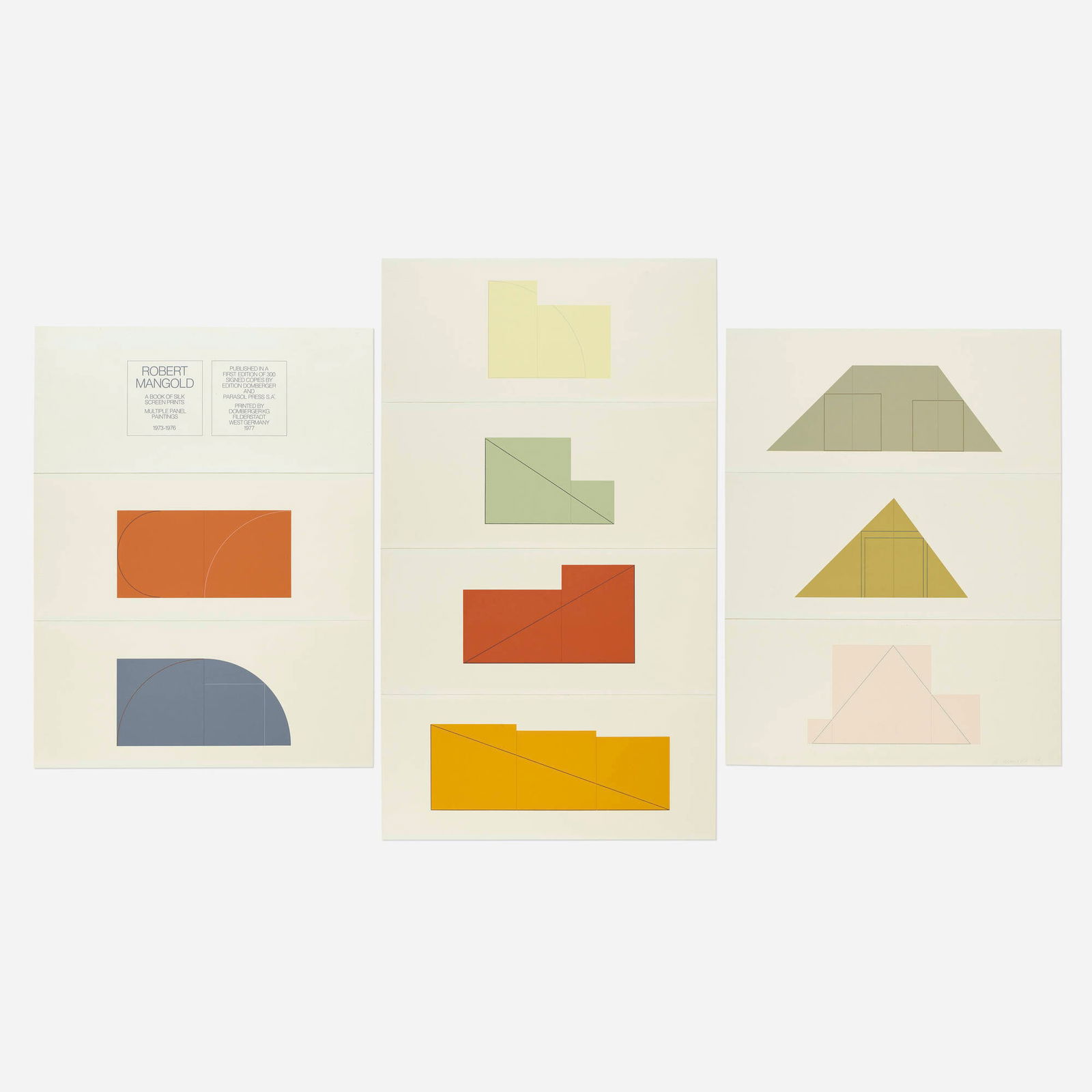 Robert Mangold, Multiple Panel Paintings: Robert Mangold Multiple Panel Paintings: A Book of Silk Screen Prints 1973-1976screenprint in colors on Fabriano each: 11.875 h x 27.25 w in (30 x 69 cm) overall: 12.125 h x 28.25 w x .875 d in (3