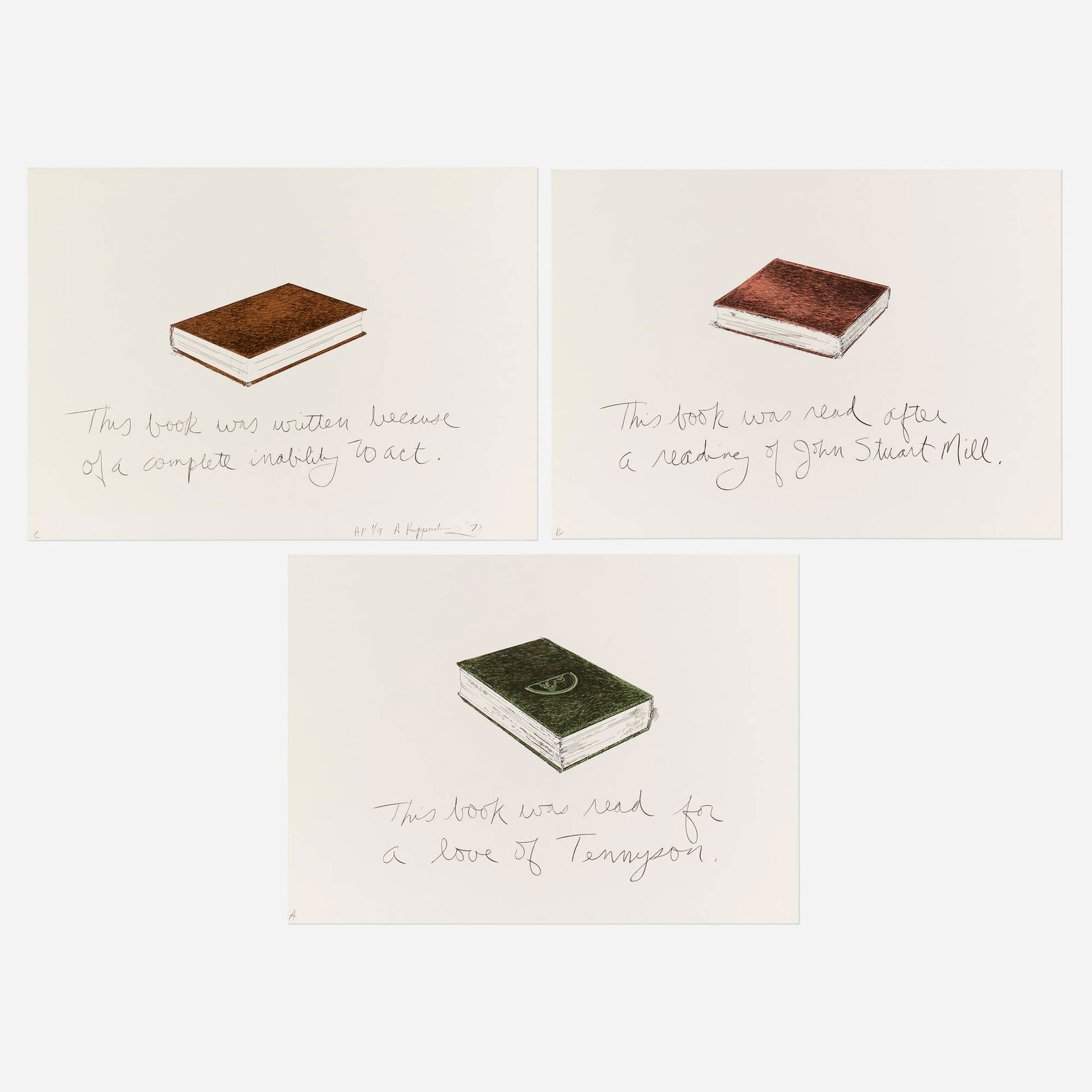 Allen Ruppersberg, A Private Reading: Allen Ruppersberg A Private Reading 1978lithograph in colors each: 21.5 h x 29.5 w in (55 x 75 cm) Signed, dated and numbered to lower edge 'A, B, C AP 1/9 A. Ruppersberg '78'. This complete p