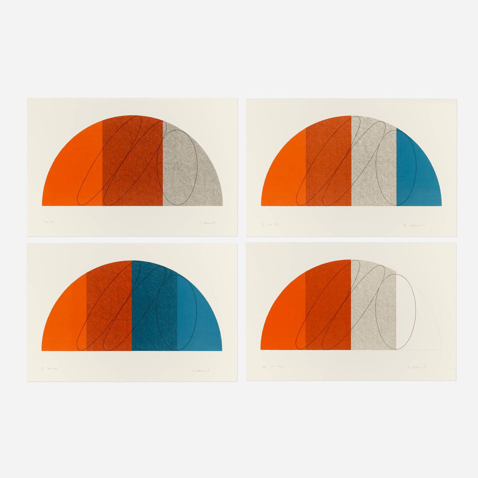Robert Mangold, Semi-Circle I-IV (four works): Robert Mangold Semi-Circle I-IV (four works) 1995lithograph in colors on Somerset 29 h x 44 w in (74 x 112 cm) Signed and numbered to lower edge of each work 'I-IV AP 10/10 R. Mangold'. This c